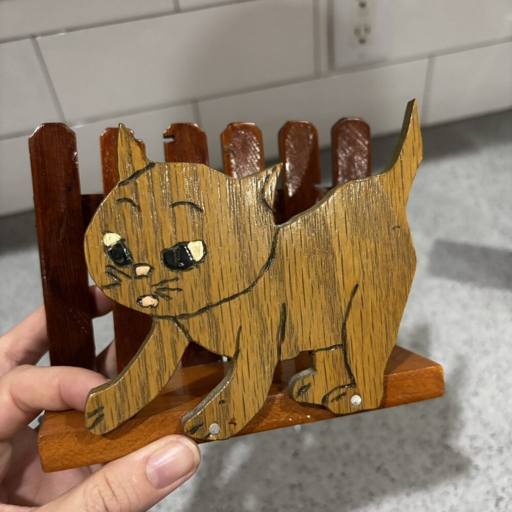 Vintage Handmade Cat Kitten Napkin Holder Wood Grannycore Cottagecore Kitsch